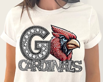 GO CARDINALS png, rhinestone faux embroidery cardinals png, rhinestone mascot png, digital for sublimation & dtf, rhinestone cardinals