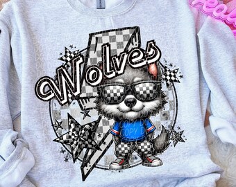 WOLVES SCHOOL SPIRIT digital for sublimation & dtf png, wolves game day png, retro wolves png, checker school spirit png, wolves png