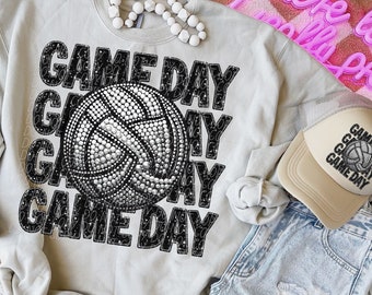 GAME DAY VOLLEYBALL png, faux embroidery volleyball png, rhinestone Volleyball png, Volleyball Mom, Volleyball digital for sublimation & dtf