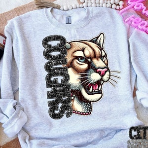 COUGARS png, rhinestone glitter faux embroidery cougars, rhinestone mascot, digital for sublimation & dtf, rhinestone cougars png