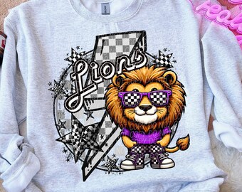 LIONS school spirit digital for sublimation & dtf png, Lions school spirit png, retro Lions png, checker school, Lions game day png