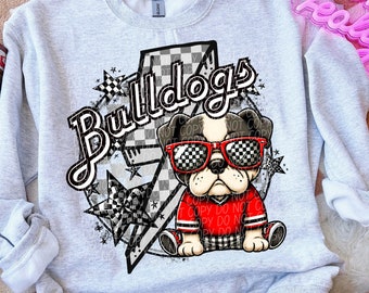 May include: Gray sweatshirt with a black and white checkered design, a bulldog wearing checkered sunglasses and a red and white jersey, and the text "Bulldogs".