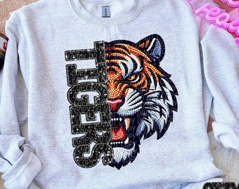 TIGERS png, rhinestone faux embroidery tigers png, rhinestone mascot, digital for sublimation & dtf, rhinestone tigers png