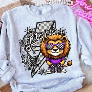 LIONS school spirit digital for sublimation & dtf png, Lions school spirit png, retro Lions png, checker school, Lions game day png
