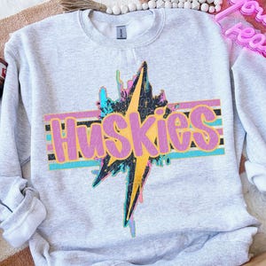 HUSKIES png, Huskies digital for sublimation & dtf, Huskies school spirit png, school spirit png, retro Huskies png, Huskies bolt png
