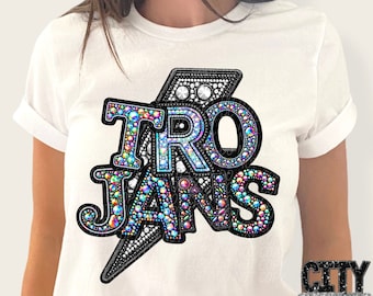 TROJANS png, rhinestone faux embroidery, trojans mascot, digital for sublimation & dtf, rhinestone trojans, jeweled trojans png