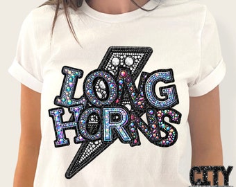 LONGHORNS FAUX RHINESTONE png, rhinestone faux embroidery longhorns png, rhinestone mascot digital for sublimation & dtf, longhorns png