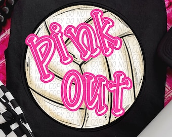 Könnte beinhalten: Ein schwarzes T-Shirt mit einer kreisförmigen Grafik eines weißen Volleyballs mit schwarzen Umrissen. Der Text Pink Out ist in einer fetten, leuchtend pinken Schrift über die Mitte der Volleyballgrafik gedruckt, auf schwarzem Stoff.