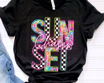 SUNSET CHASER png, faux-borduurwerk zomer-png, zomer digitaal voor sublimatie en dtf, zomer-png, namaakborduurwerk sunset chaser, png