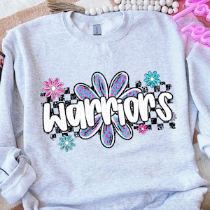 WARRIORS png, Warriors digital for sublimation & dtf, Warriors flowers, flower school spirit, Warriors mascot png, Warriors checker flowers