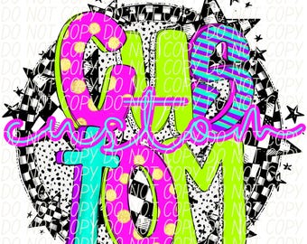 Puede incluir: Diseño gráfico colorido con la palabra "CUSTOM". Las letras son rosas, verdes y azules, con un fondo a cuadros y punteado en blanco y negro. El diseño incluye estrellas.