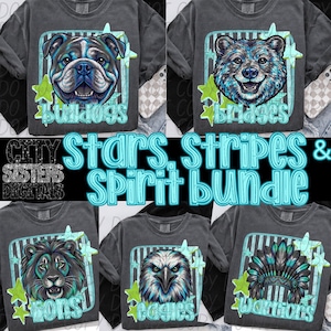 May include: A collection of dark gray t-shirts featuring various animal and mascot graphics. Each shirt has a unique design, including a bulldog, bear, lion, eagle, and Native American headdress, with the team names and stars. The text "Stars, Stripes & Spirit Bundle" is also visible.