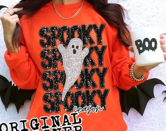 SPOOKY SEASON png, faux glitter embroidery HALLOWEEN png, Halloween digital for sublimation and dtf, ghost png, faux glitter Halloween png