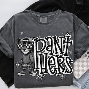 PANTHERS png, Panthers digital für Sublimation & dtf, Panthers Schulgeist png, Schwarzweiß-Maskottchen png, Dame-Maskottchen png