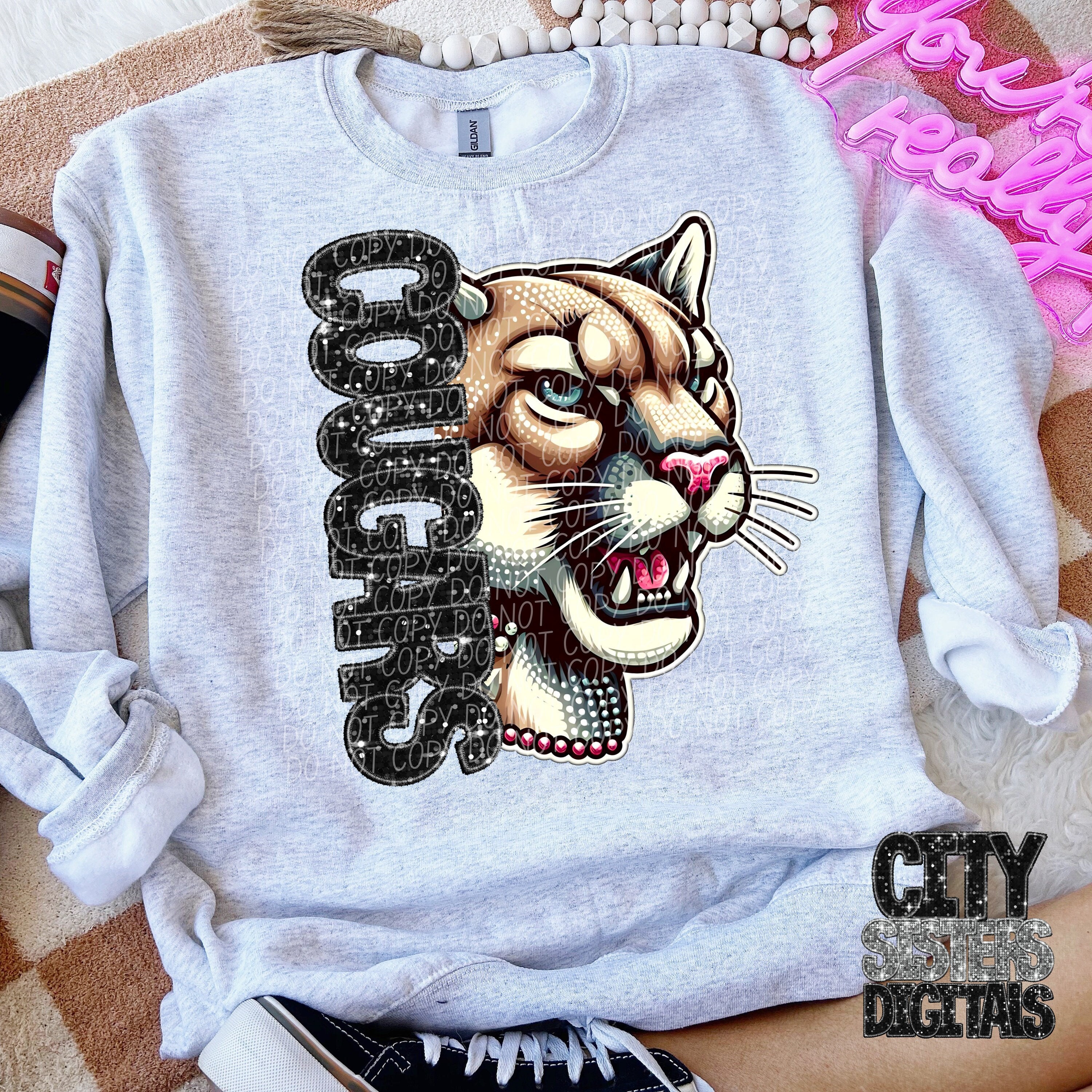 COUGARS png, rhinestone glitter faux embroidery cougars, rhinestone mascot, digital for sublimation & dtf, rhinestone cougars png