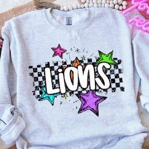 LIONS png, Lions School Spirit digital for sublimation & dtf, Lions stars png, bright checker stars school spirit png, Lions mascot png