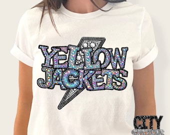 YELLOW JACKETS png, rhinestone faux embroidery, rhinestone mascot, digital for sublimation & dtf, rhinestone yellow jackets