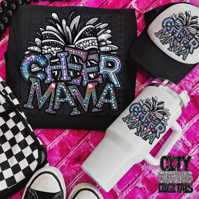 May include: A white tumbler with a black and white glitter design that says "Cheer Mama". The tumbler has a handle and a lid. The design is also on a black t-shirt and a black trucker hat.