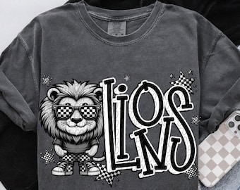 LIONS png, Lions digital for sublimation & dtf, Lions school spirit png, Black and white mascot png, checker mascot png