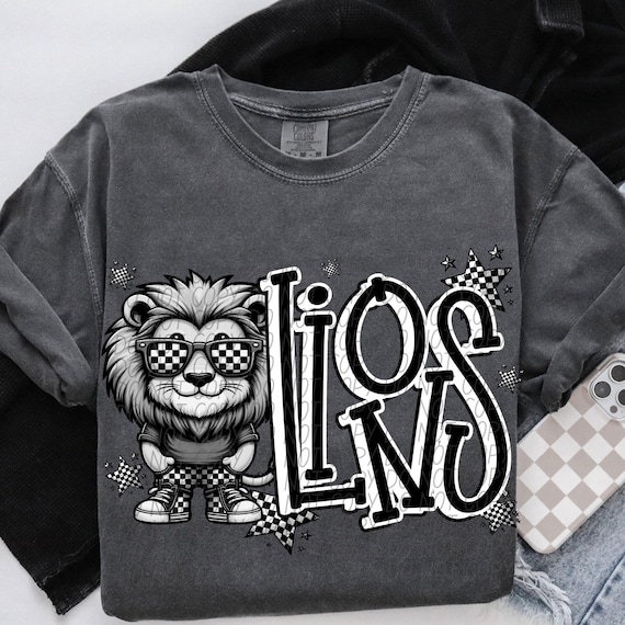 LIONS png, Lions digital for sublimation & dtf, Lions school spirit png, Black and white mascot png, checker mascot png