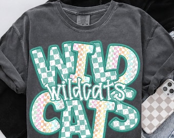 WILDCATS CHECKER digital for sublimation & dtf, Wildcats school spirit png, Wildcats faux embroidery school spirit png, Wildcats png