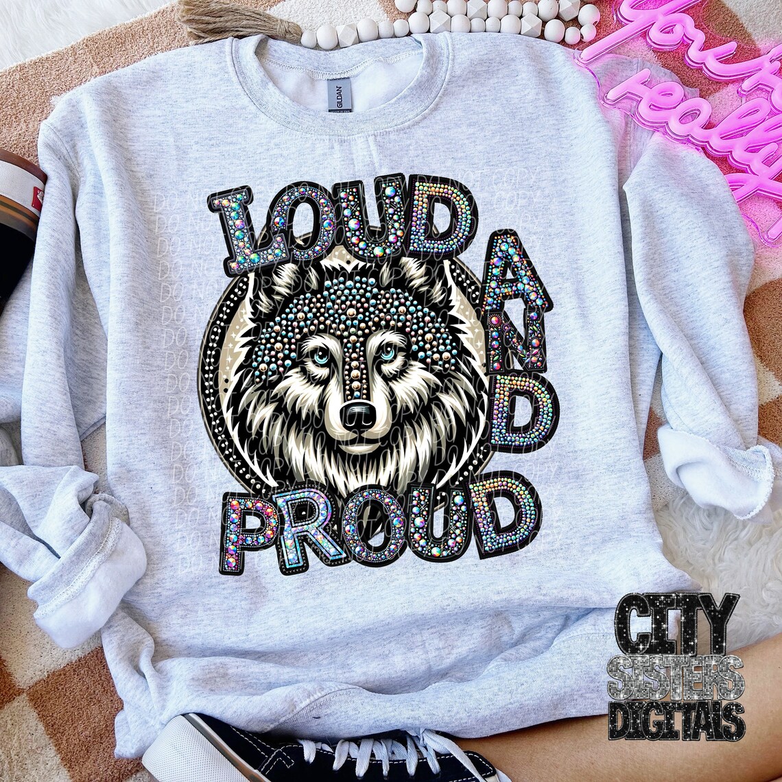 Wolves Rhinestone Letters LOUD PROUD WOLVES Png, Rhinestone Faux Embroidery Wolves, Rhinestone ...