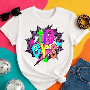 TIGERS png, Tigers digital for sublimation & dtf, bright school spirit png, Tigers school spirit png, 80&#39;s Tigers png, Tigers mascot png