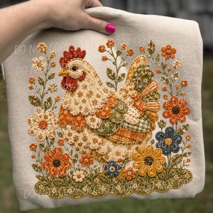 FALL CHICKEN png, Fall png, Faux quilted chicken digital for sublimation & dtf, Faux applique fall png Chicken and flowers png