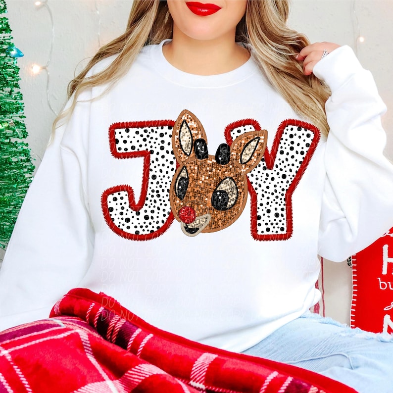 JOY REINDEER Faux Glitter Embroidery Digital for Sublimation & Dtf, Joy
