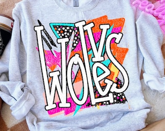 WOLVES png, Wolves digital for sublimation & dtf, bright school spirit png, Wolves school spirit png, 80's Wolves png, Wolves mascot png