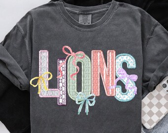 LIONS Faux Embroidery digital for sublimation & dtf, Lions school spirit png, Lions bow school spirit png, Lions png