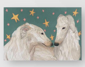 Starry night lovers, Borzoi dog illustration, A3