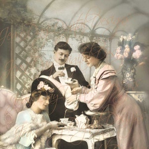 Hora do chá com meus queridos amigos, Digtial Instant Download - Cartão postal francês 1907 - Photo Scan Tea Party - FrA176