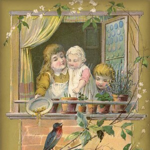 Aus dem Fenster, Nest, Vogel mit Kindern, Viktorianische Handelskarte Illustration Instant Digital Download DP023