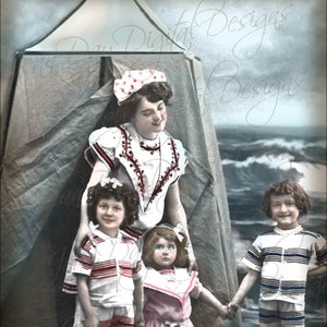 Dia na praia, beira-mar, moda de maiô francês, etiqueta para presente - cartão postal francês - download digital instantâneo FrA111