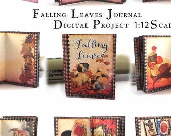 May include: A digital project for a miniature journal titled "Falling Leaves Journal" with a 1:12 scale. The project includes a variety of images and embellishments for a fall-themed journal.