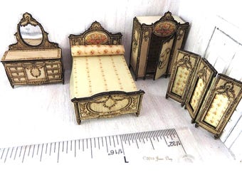 KIT French Country Bedroom Suite Laser Cut and Engraved 4 piece KIT  1:48 Quarter Scale LC022A Dollhouse Miniature,