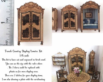 KIT French Country Display Armoire, Engraved and Laser Cut in Quarter Scale  1:48 1/4" dollhouse LC156