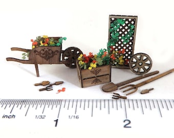 KIT, Summer's Gardening Kit, Gravé, Laser Cut Walnut Veneer, brouette, caisse, fleurs, Quarter Scale 1:48 dollhouse mini LC069