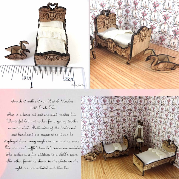 KIT French Smaller Swan Bed & Rocker Kit, Laser Cut and Graved, 1:48, quarter scale Dollhouse Miniature LC104