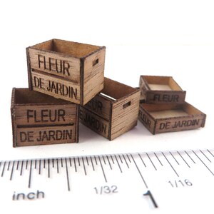 KIT, French Country Style Crates Kit, Fleur De Jardin, Engraved Laser Cut Walnut Veneer, Quarter Scale  1:48 cottage core Miniature LC072
