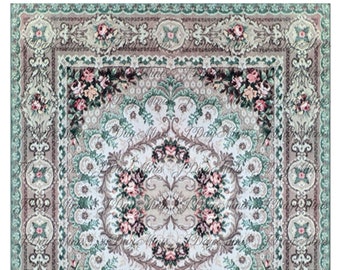 Tiny Rose Buds on Aqua Carpets or Rug Digital Downloads in 3 scales, 1/12, 1/2, 1/48, Dollhouse Miniatures DIY for 1:6 too JPGs & PDF MB015