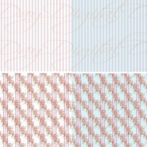 Rose, Blue Stripe, Français Rose Trellis 4 Miniature Gift Wrap ou 1:48 Échelle Dollhouse Wallpapers Digital Download 8.50x11 Imprimable WP003
