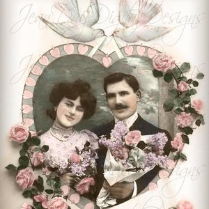 Romántico Rosas Amities, Palomas, Tarjeta Postal Francesa de San Valentín a principios de 1908 Descarga Instantánea - FrA074