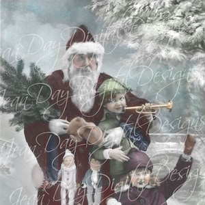 Francuski Mikołaj - W śniegu z Pere Noel, Francuska pocztówka do natychmiastowego pobrania w wersji cyfrowej,, Miś, zabawki do ciągnięcia, Etykieta na prezent - FC062
