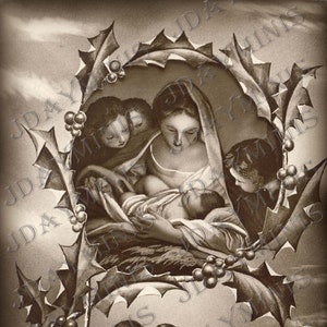 Noël français, oiseaux et crèche - Carte postale française à téléchargement immédiat, étiquette cadeau - FC043