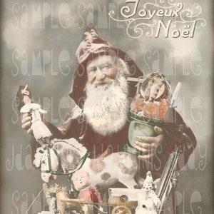 Święty Mikołaj z zabawkami, francuskie Boże Narodzenie, Le Pere Noel - francuska pocztówka Świętego Mikołaja 1918 Natychmiastowe pobranie - skanowanie zdjęć - FC024
