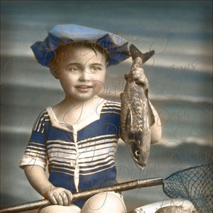 La Mer, praia à beira-mar, peguei um peixe - cartão postal francês antigo - download digital instantâneo de praia FrA113