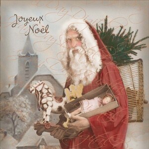 Boże Narodzenie, Święty Mikołaj, francuski Le Pere Noel, Na dachu z misiami i prezentami-Francuska pocztówka-Natychmiastowe pobranie cyfrowe Joyeoux Noel - FC056