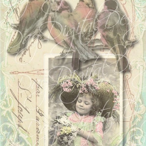 Colagem francesa de pássaros, pássaros franceses e flores para a mãe, etiqueta para presente Download instantâneo - FrA139